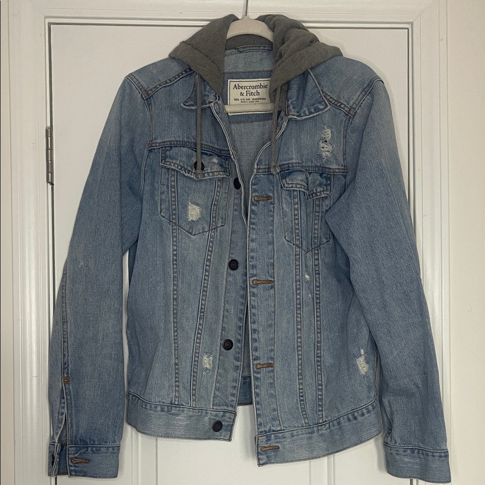 Abercrombie & Fitch Light Blue Denim Jacket with Gray Hood